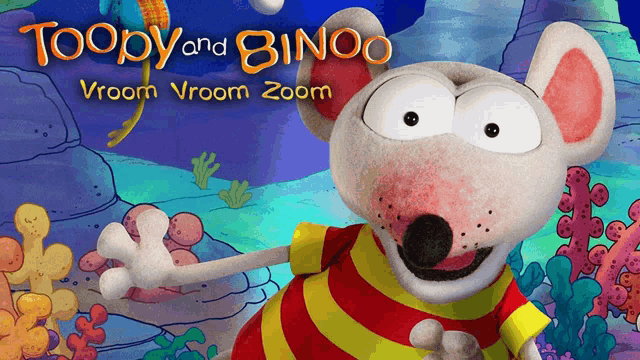 a poster for toopy and binoo vroom vroom zoom features a cartoon mouse