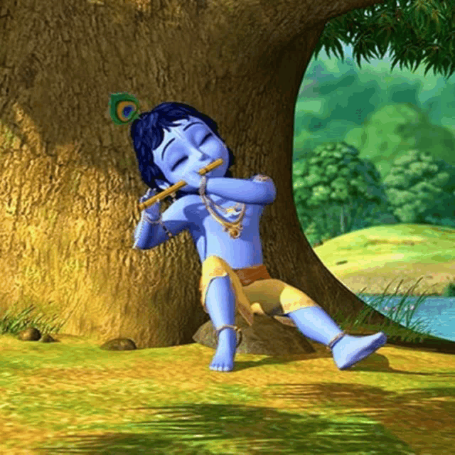 a cartoon of a little boy playing a flute under a tree