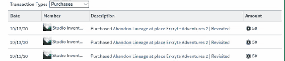 a screenshot of a transaction type purchases page showing purchased abandon lineage at place erkyte adventures 2