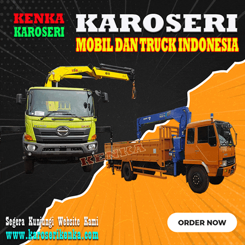 an advertisement for kenda karoseri mobil dan truck indonesia shows a yellow truck and a blue truck