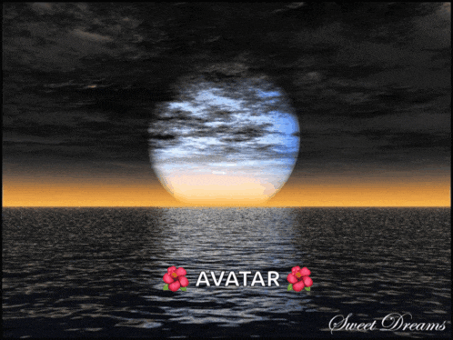 a picture of a full moon over a body of water with avatar written on the bottom