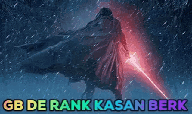 a man in a cape is holding a red light saber in the snow with the words gb de rank kasan berk above him