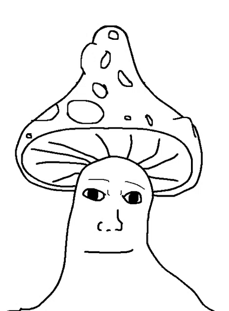 a black and white drawing of a mushroom with a human face on it