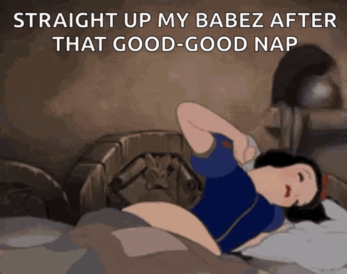 a cartoon of snow white laying in bed with the caption straight up my babez after that good good nap