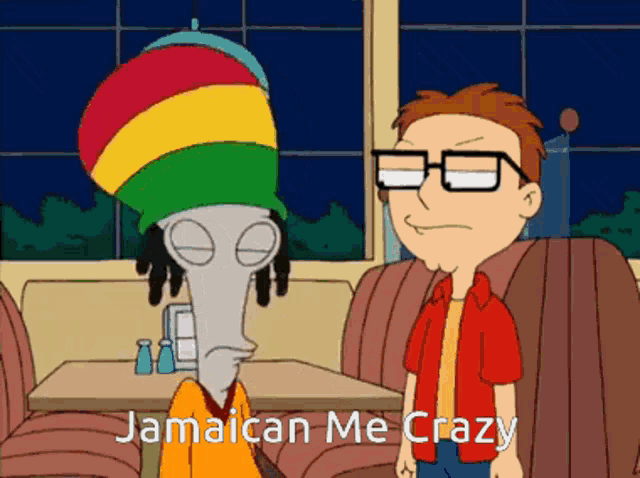 a cartoon of a man wearing a rasta hat with the caption jamaican me crazy