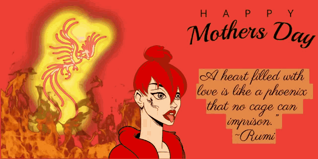 a happy mother 's day greeting card with a woman and a phoenix in the background