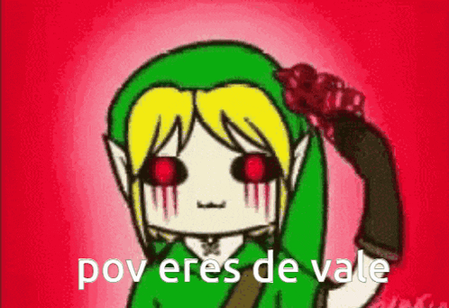 a cartoon of ben drowned with red eyes and the words pov eres de vale written below him .