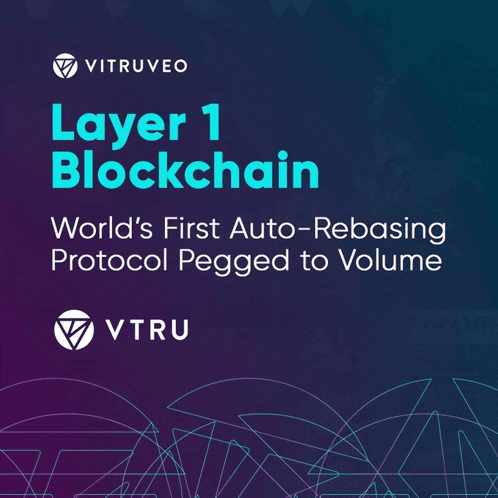 a poster for vitruveo layer 1 blockchain which is the world 's first auto-rebasing protocol pegged to volume