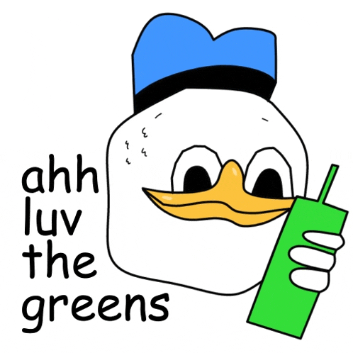 a drawing of donald duck talking on a cell phone with the words ahh luv the greens below him