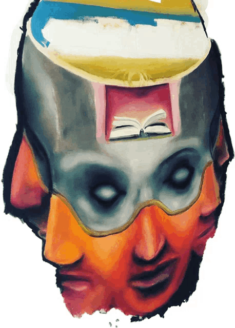 a painting of a face with a book in the corner