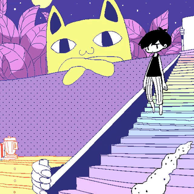 a cartoon character standing on a set of stairs with a giant yellow cat behind him