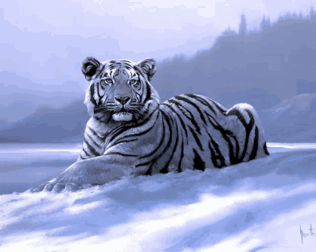 a painting of a white tiger laying in the snow with the letters t on it