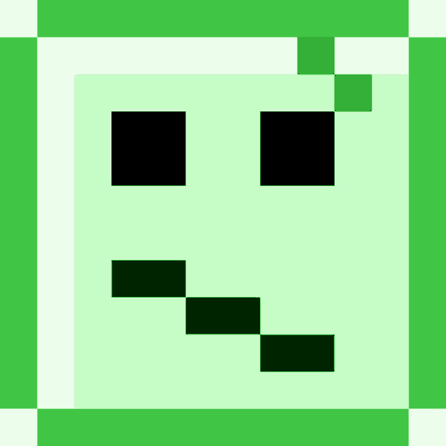 a pixel art of a green square with black squares on it and a smiley face .