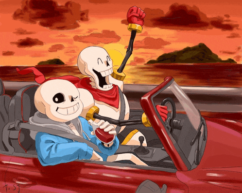 a drawing of two skeletons driving a red car with a sunset in the background