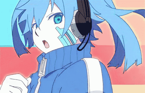 a cartoon character with blue hair and headphones on