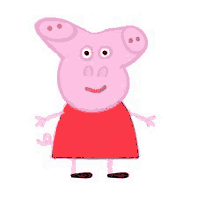 a drawing of peppa pig wearing a red dress and a red hat .