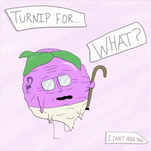 a cartoon drawing of a turnip with glasses and a cane