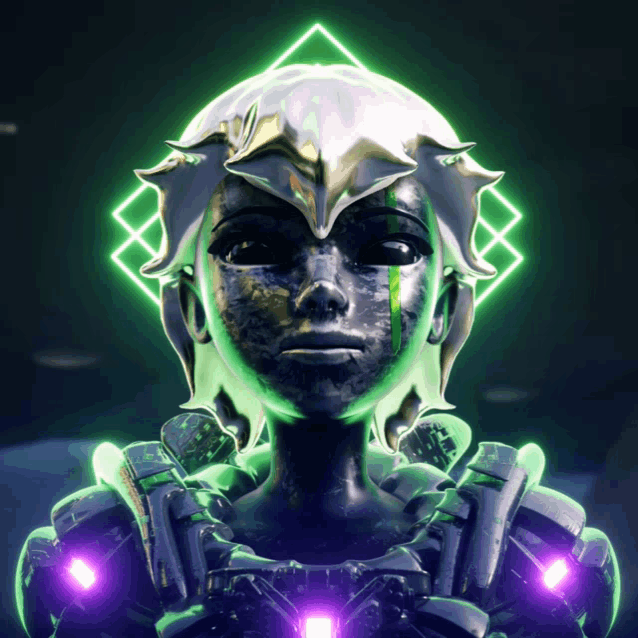 a statue of a person with a green and purple light behind them