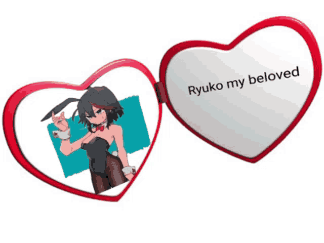 a heart shaped mirror with a picture of a girl and the words ryuko my beloved