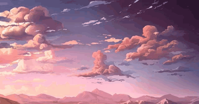 a painting of a sunset over a mountain range with pink clouds