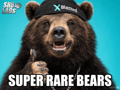 a bear wearing a hat that says blazzord on it gives a thumbs up