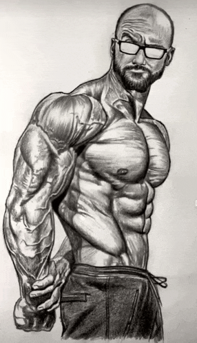 a drawing of a muscular man with glasses