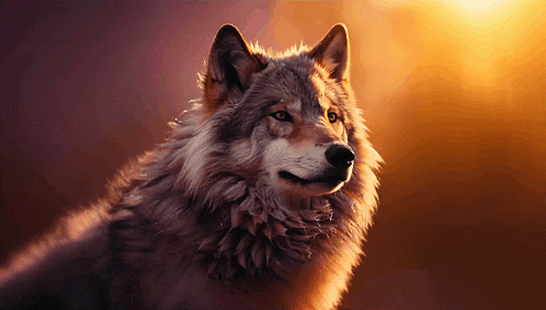 a close up of a wolf 's face with the sun shining behind it