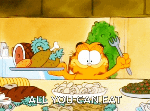 a cartoon of garfield holding a fork and a tray of food with the caption all you can eat