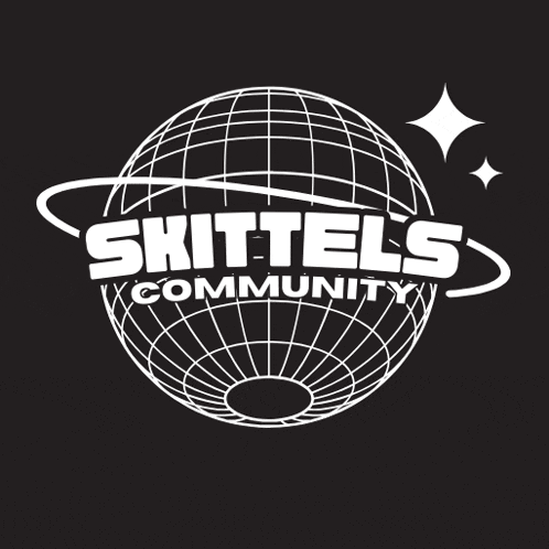 a logo for skittels community with a globe on a black background