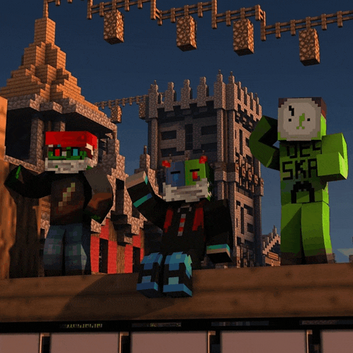 a group of minecraft characters with one wearing a shirt that says ' def ska '