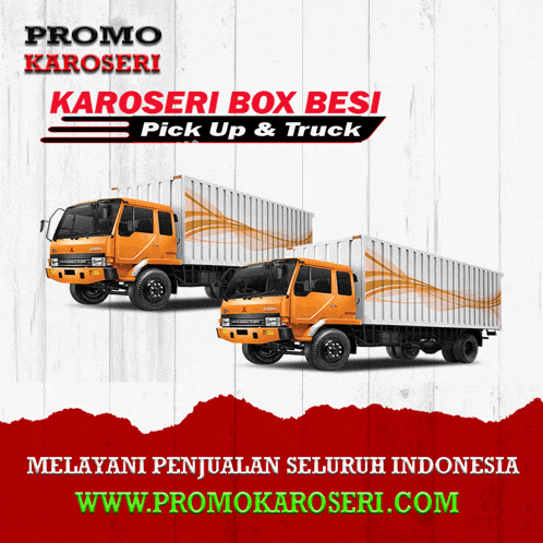 an advertisement for karoseri box besi pick up & truck shows two trucks