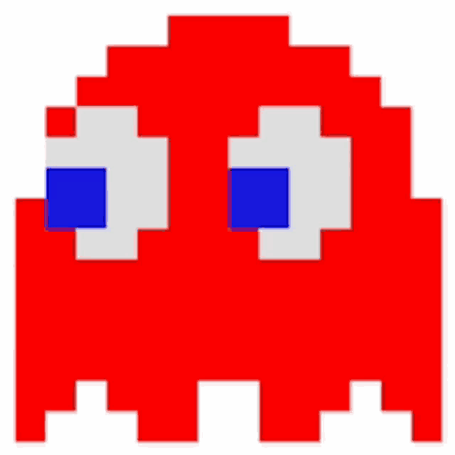 a pixel art of a red ghost with blue eyes