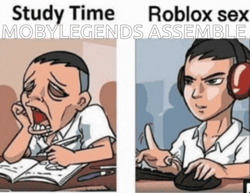 a cartoon of a boy studying and a cartoon of a boy playing roblox sex assemble