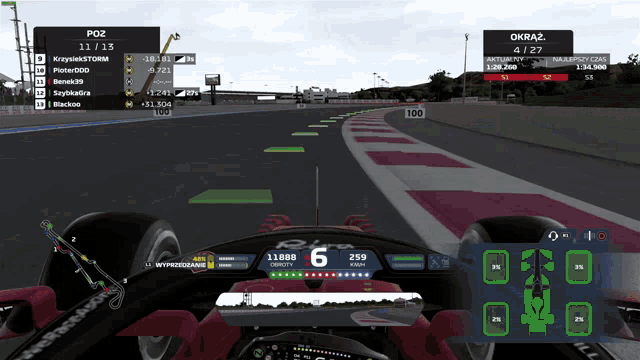 a video game screen shows a race track with the number 100 on the bottom left