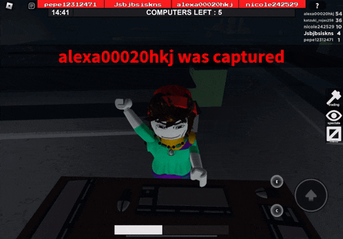 a screenshot of a video game shows a character named alexa00020hkj was captured