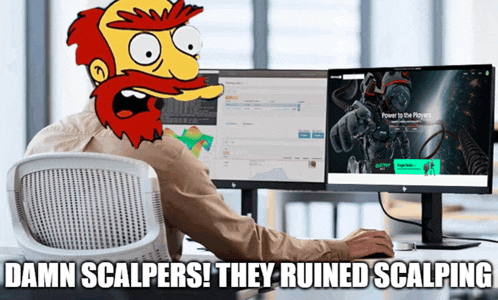 a cartoon of bart simpson sitting in front of two computer monitors with the caption " damn scalpers they ruined scalping "