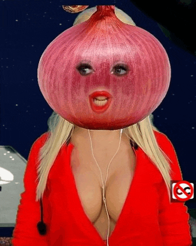 a woman in a red shirt has an onion on her face