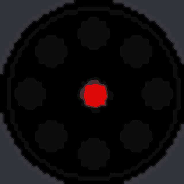 a pixel art of a black circle with a red circle in the center .