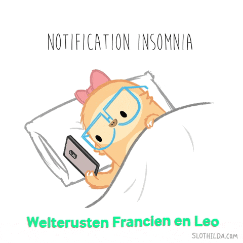 a cartoon of a sloth laying in bed looking at a cell phone with the words " notification insomnia " below it