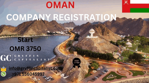 an advertisement for oman company registration with a picture of mountains