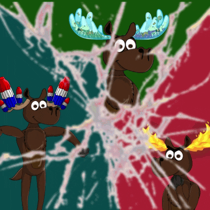 a cartoon moose with rockets on its antlers is surrounded by other moose