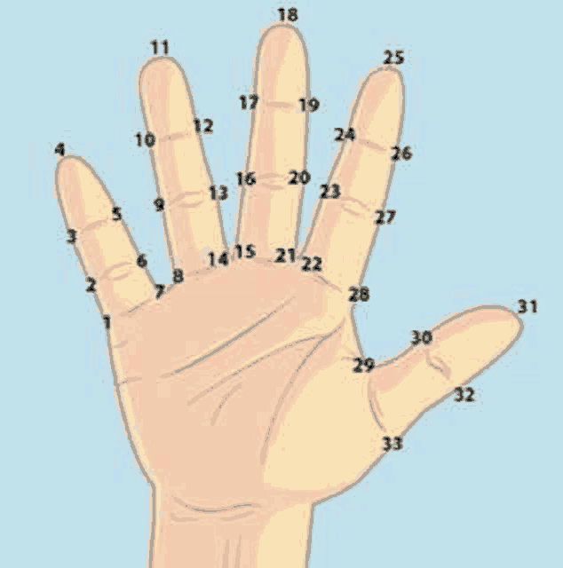 a drawing of a hand with numbers on the fingers on a blue background .