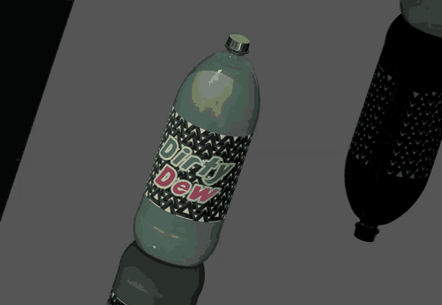 a dirty dew bottle is sitting on a table