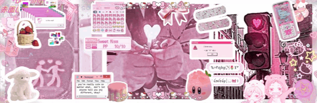 a collage of pink stickers with one that says sweet kiss on it