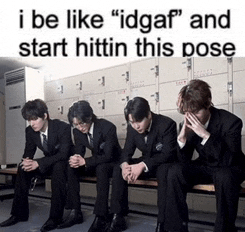 a group of men in suits are sitting on a bench and the caption says i be like " idgaf "