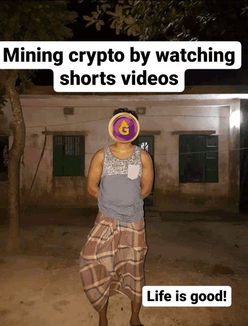 a man in shorts stands in front of a building with the words mining crypto by watching shorts videos below him