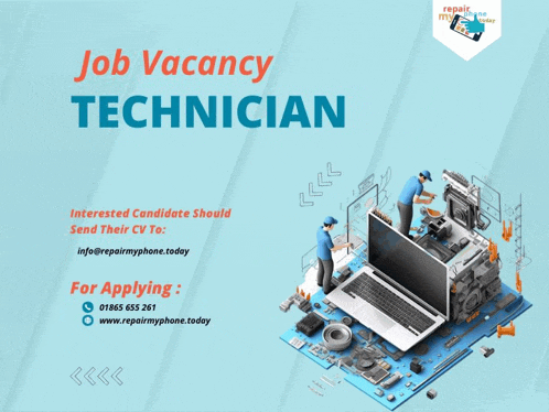 an advertisement for a job vacancy technician with a laptop on top of a motherboard