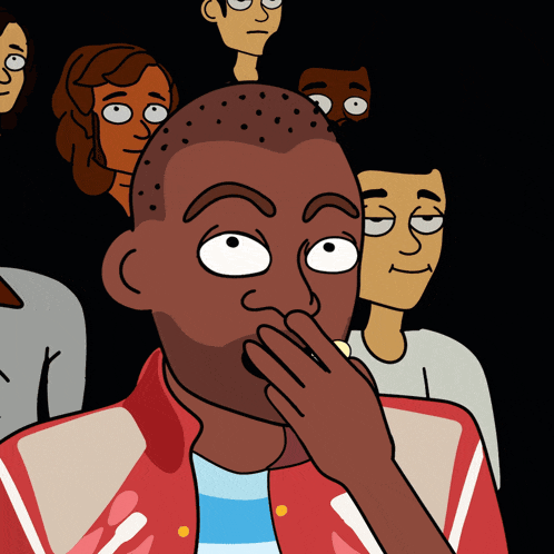 a cartoon of a man covering his mouth with his hand in front of a group of people