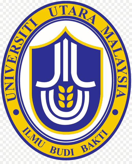 a blue and yellow logo for universiti utara malaysia with a shield