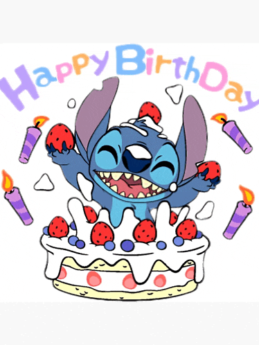 a birthday card with stitch on a cake with candles and the words happy birthday